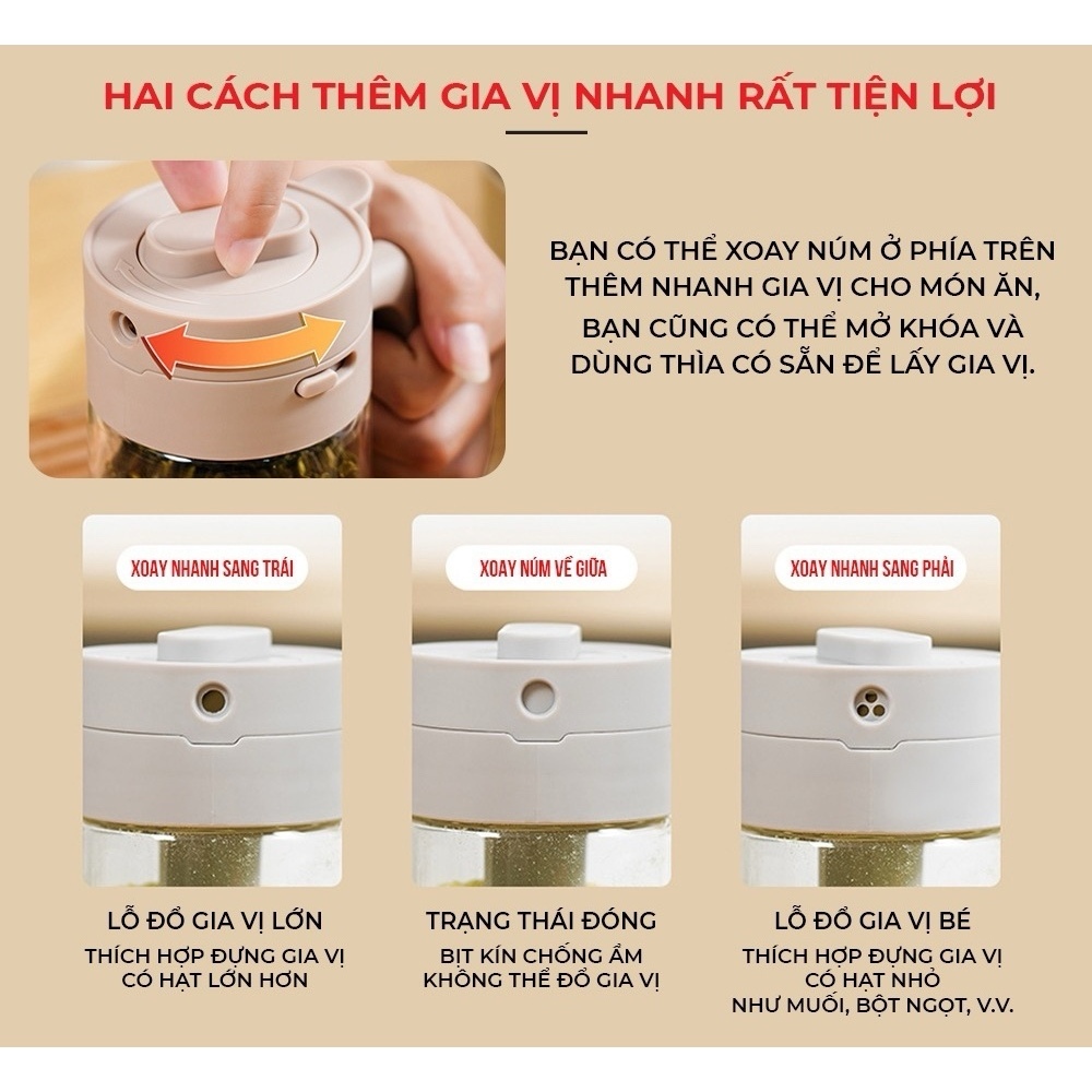 Lọ Đựng Gia Vị Thuỷ Tinh Boro Chống Vỡ Cao Cấp - Hộp Đựng Gia Vị Có Thìa Để Ngăn Riêng Chống Ẩm, Nắp Kín Có Khóa
