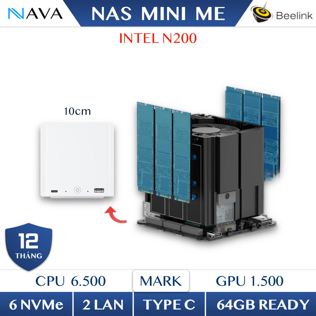 Mini PC NAS Beelink ME 6 khe SSD NVMe (24TB), Intel N200, eMMC 64GB ...