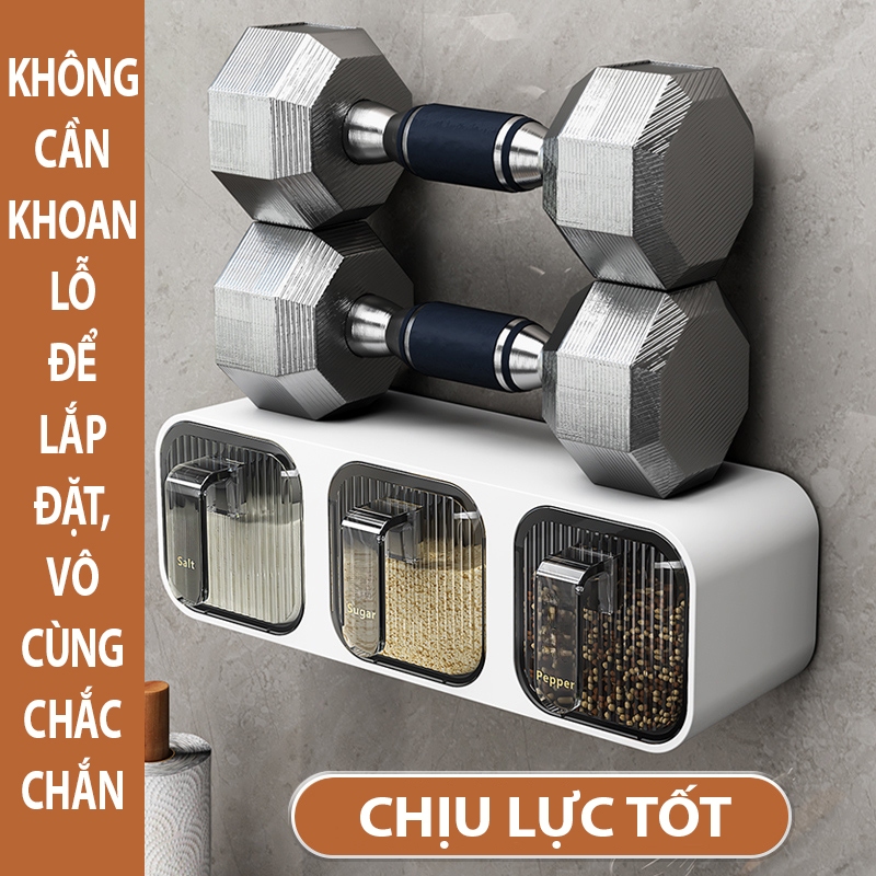 Kaleis Kệ Đựng Gia Vị Dính Tường 3 Ngăn Cao Cấp – Hộp Gia Vị Chống Ẩm Mốc Kèm Thìa