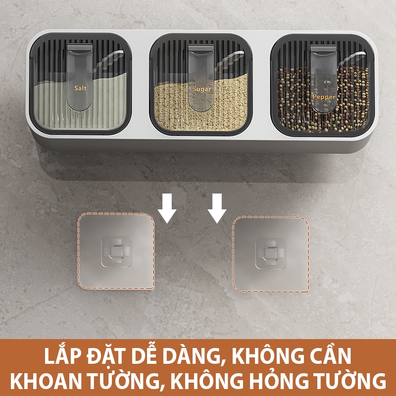 Kaleis Kệ Đựng Gia Vị Dính Tường 3 Ngăn Cao Cấp – Hộp Gia Vị Chống Ẩm Mốc Kèm Thìa