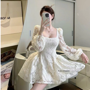 MIU.STUDIO • “Jina dress” Váy ren hoa tay bồng cổ vuông thiết kế dáng ngắn tùng xoè ôm eo tôn dáng,hàng thiết kế cao cấp