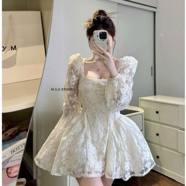 MIU.STUDIO • “Jina dress” Váy ren hoa tay bồng cổ vuông thiết kế dáng ngắn tùng xoè ôm eo tôn dáng,hàng thiết kế cao cấp