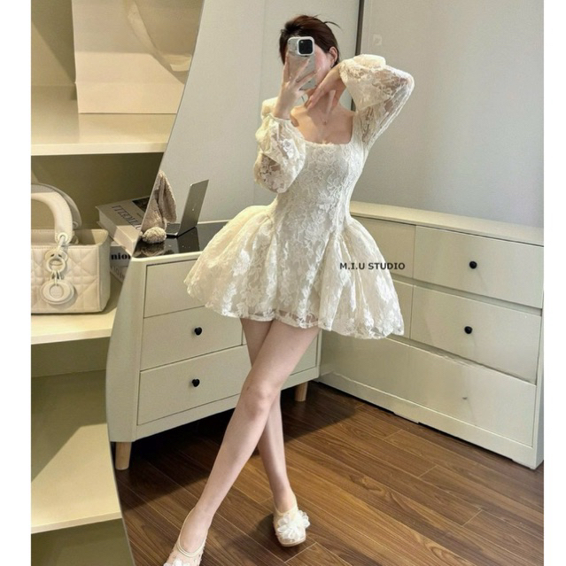 MIU.STUDIO • “Jina dress” Váy ren hoa tay bồng cổ vuông thiết kế dáng ngắn tùng xoè ôm eo tôn dáng,hàng thiết kế cao cấp