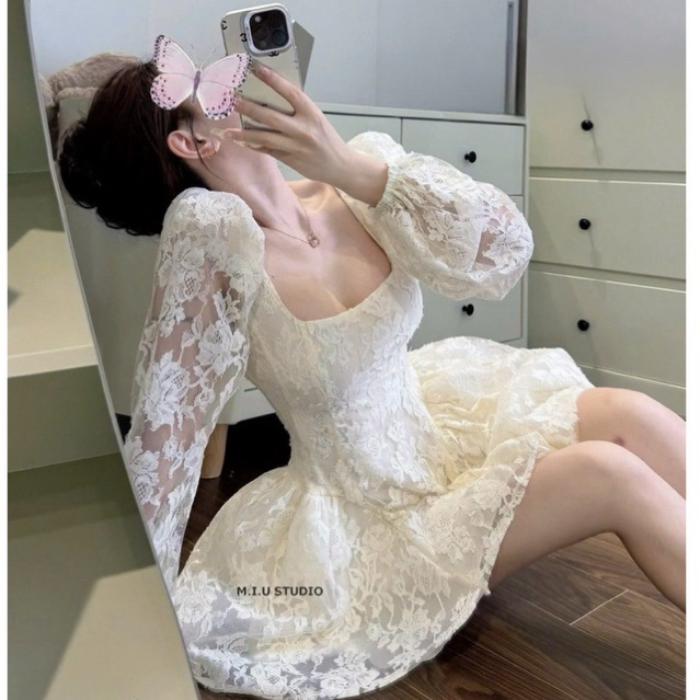 MIU.STUDIO • “Jina dress” Váy ren hoa tay bồng cổ vuông thiết kế dáng ngắn tùng xoè ôm eo tôn dáng,hàng thiết kế cao cấp