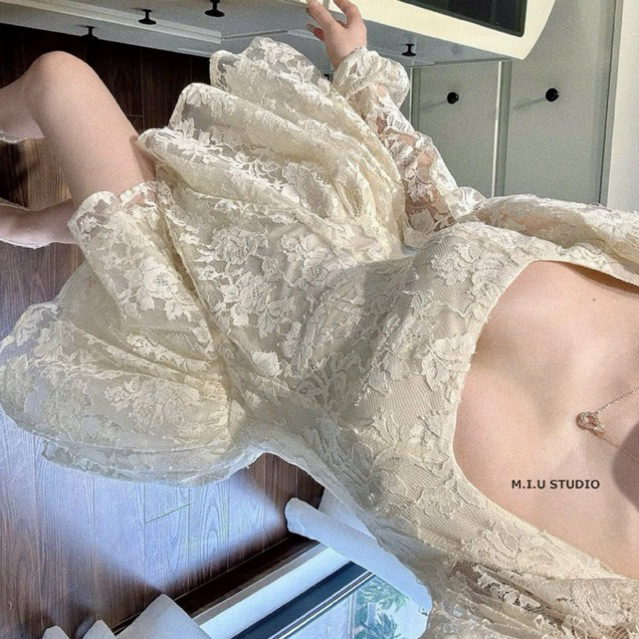 MIU.STUDIO • “Jina dress” Váy ren hoa tay bồng cổ vuông thiết kế dáng ngắn tùng xoè ôm eo tôn dáng,hàng thiết kế cao cấp