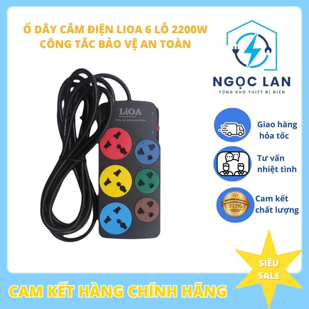 Bộ ổ dây cắm điện LiOA 6 lỗ - Thế hệ mới - Có nắp che an toàn 3D3SN,công tắc bảo vệ quá tải CS 2200W
