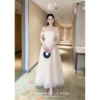Đầm Trễ Vai Dáng Dài Mặc Dự Tiệc, Đám Cưới LA ROSA Chất Liệu Ren Phối Lưới Đính Đá Cao Cấp T170-SX
