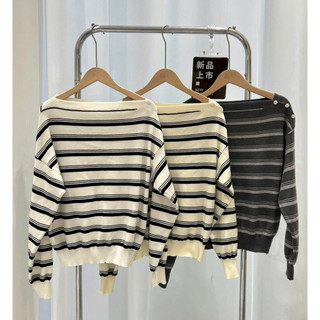 LT - Áo len nữ kẻ ngang trễ vai thu đông dài tay cổ thuyền free size 1299