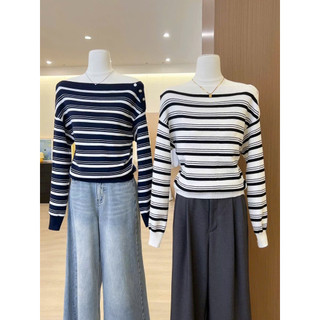 LT - Áo len nữ kẻ ngang trễ vai thu đông dài tay cổ thuyền free size 1299