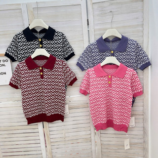 LT - Áo len nữ cộc tay dệt kim họa tiết, cổ bẻ len dày dặn free size 1301