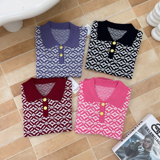 LT - Áo len nữ cộc tay dệt kim họa tiết, cổ bẻ len dày dặn free size 1301