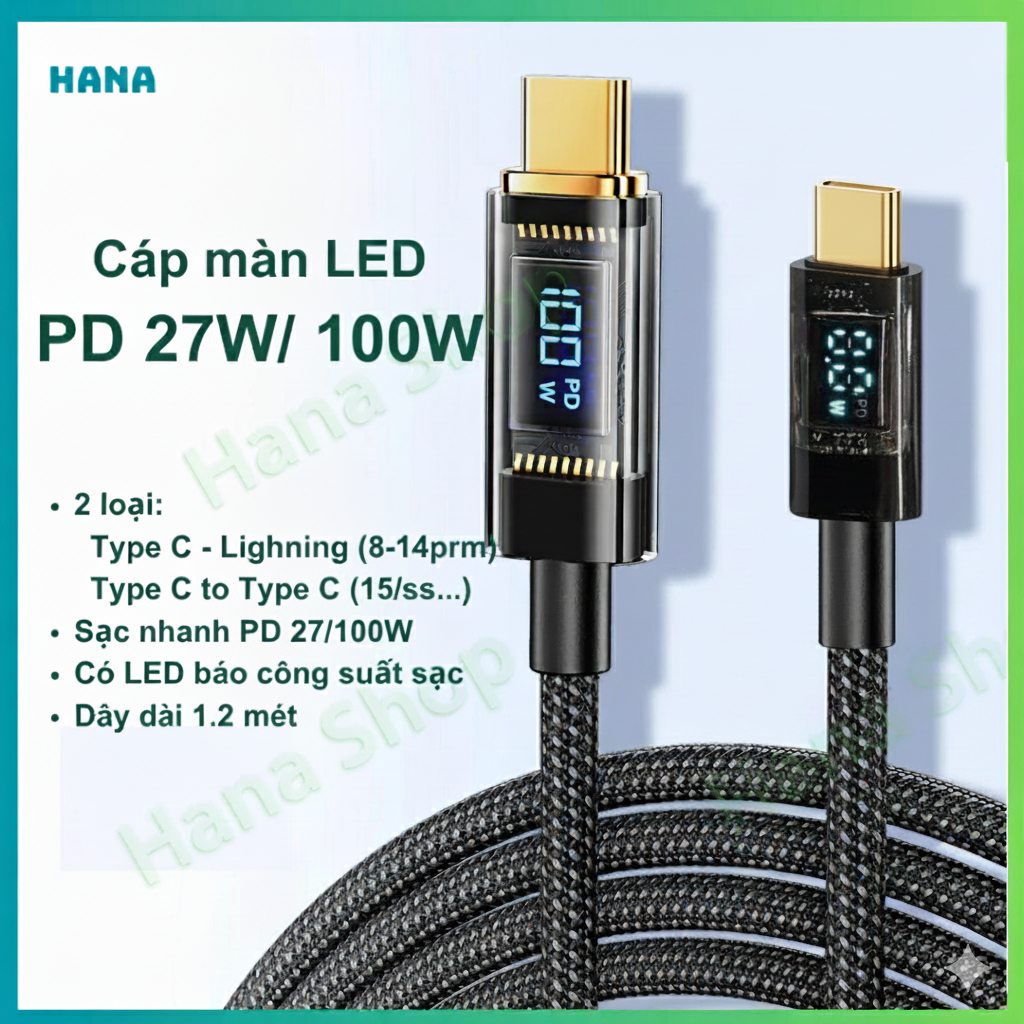 Dây cáp sạc nhanh type C to C -  có màn LED đo công suát- hỗ trợ PD 27/100W - Dài 1.2 mét - Bảo hành 6 tháng
