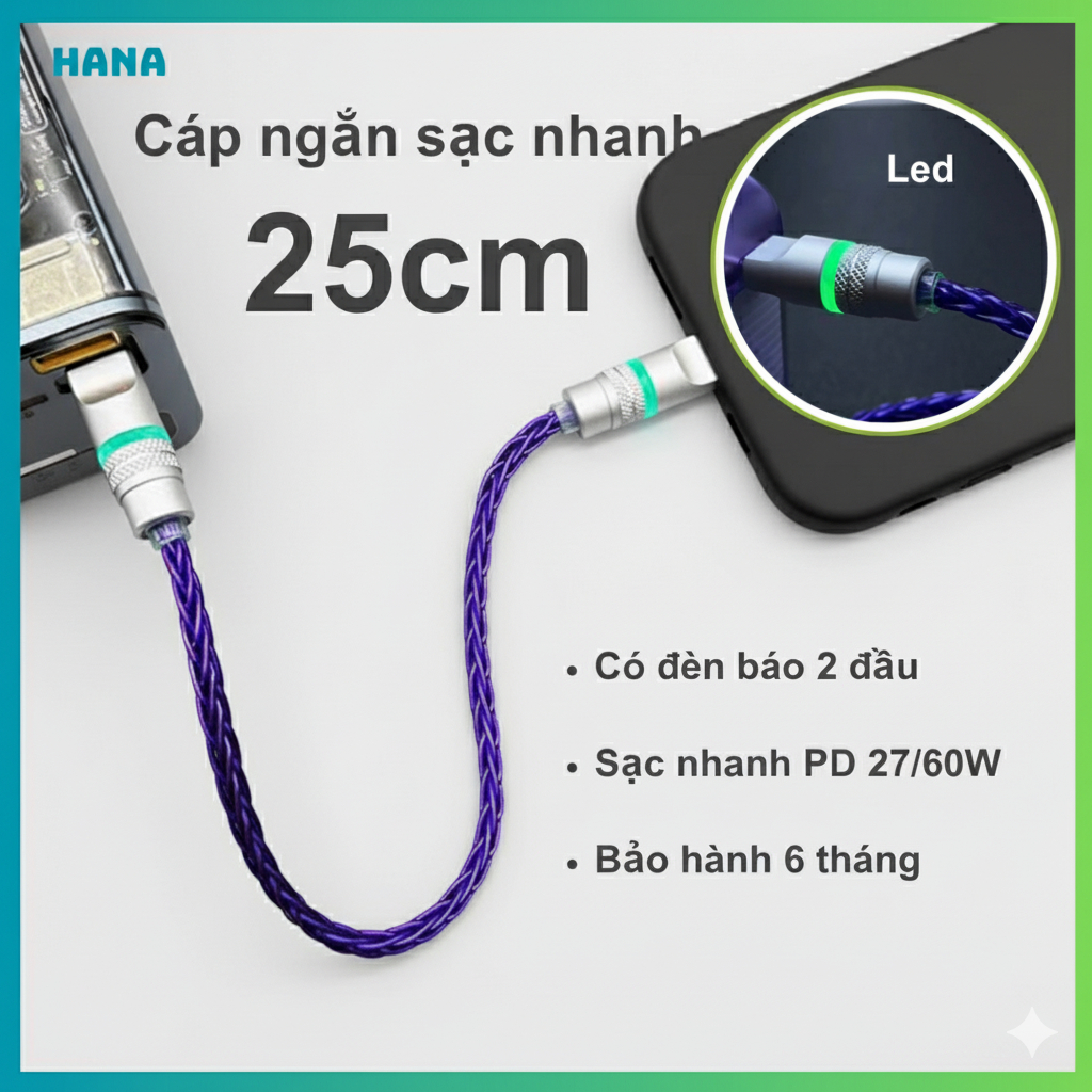 Dây Cáp Sạc Nhanh - Ngắn 25cm - Truyền dữ liệu 480Mbps - Công Suất PD 60W, Đèn Báo 2 Đầu, Bảo Hành 6 Tháng