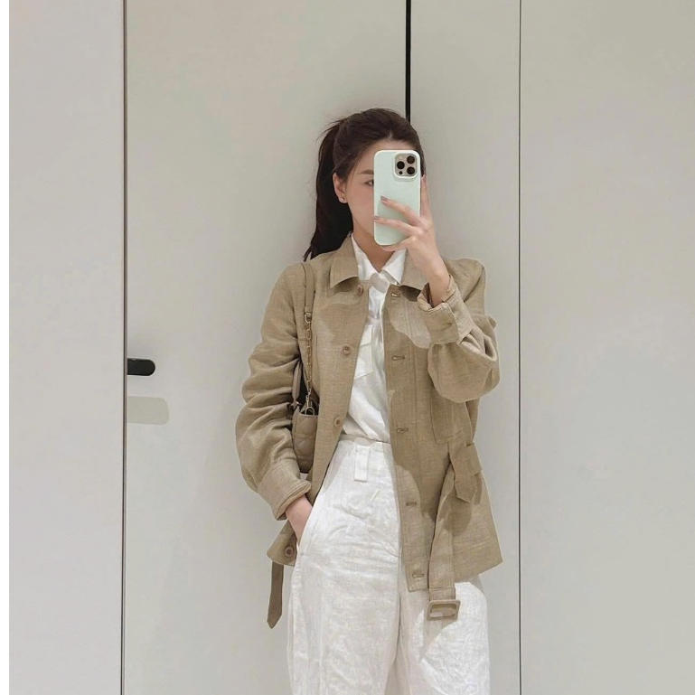 O.urs | Áo khoác Linen Belted Jacket phong cách thanh lịch màu Beige thiết kế tinh tế và nữ tính cho phong cách
