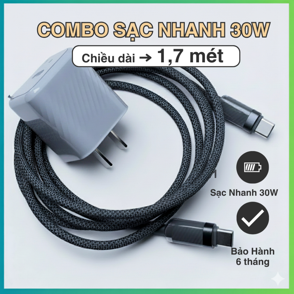 Bộ sạc nhanh Xiaoshang 33W GaN PD, dài 1,7 mét, sạc nhanh nhiều dòng máy, bảo hành 6 tháng
