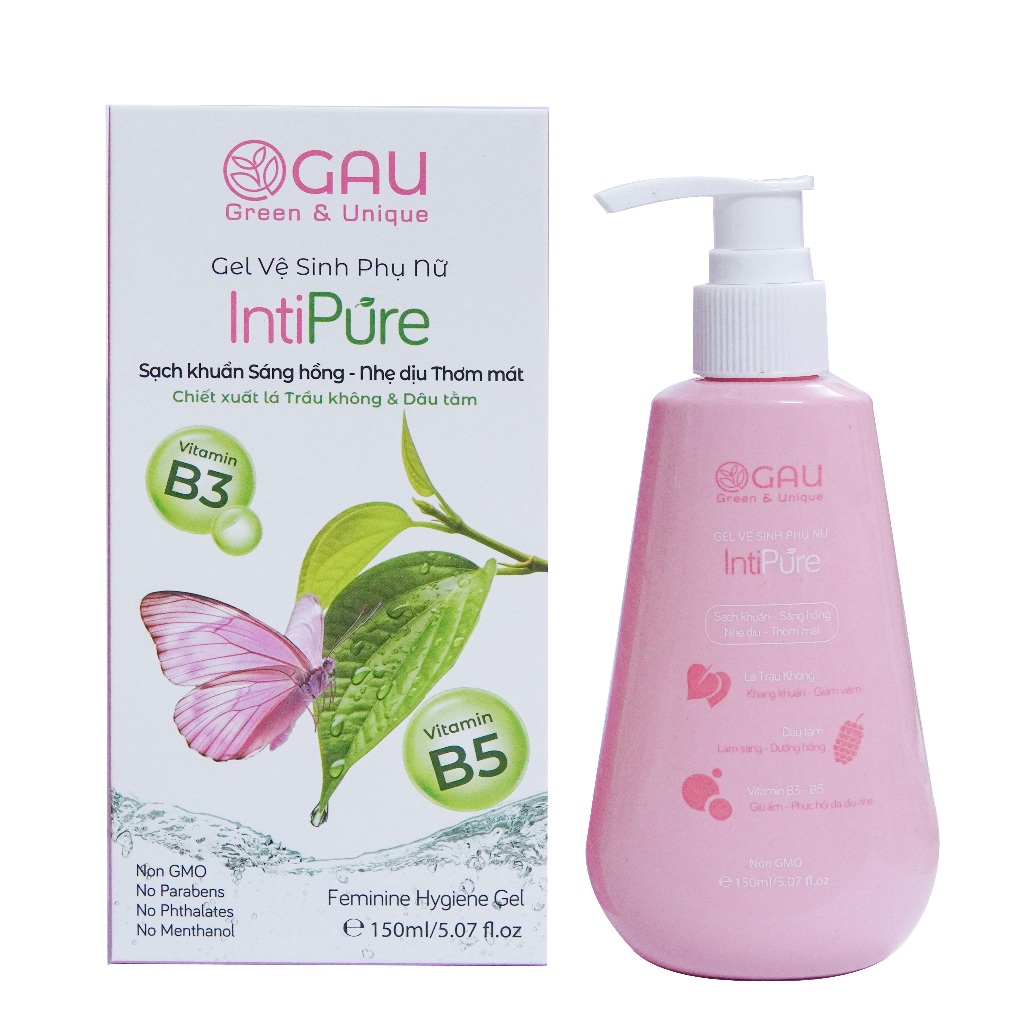 Dung dịch GEL Vệ Sinh Phụ Nữ Thiên Nhiên Trầu Không - Dâu Tằm GAU INTIPURE 150ml Sạch Hồng-Thơm lâu