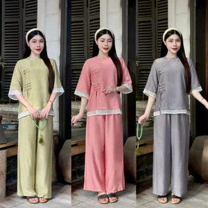 Pháp phục đi chùa, Bộ lam đi chùa chất liệu Đũi Tơ mát lịm Cao Cấp ( hình thật )