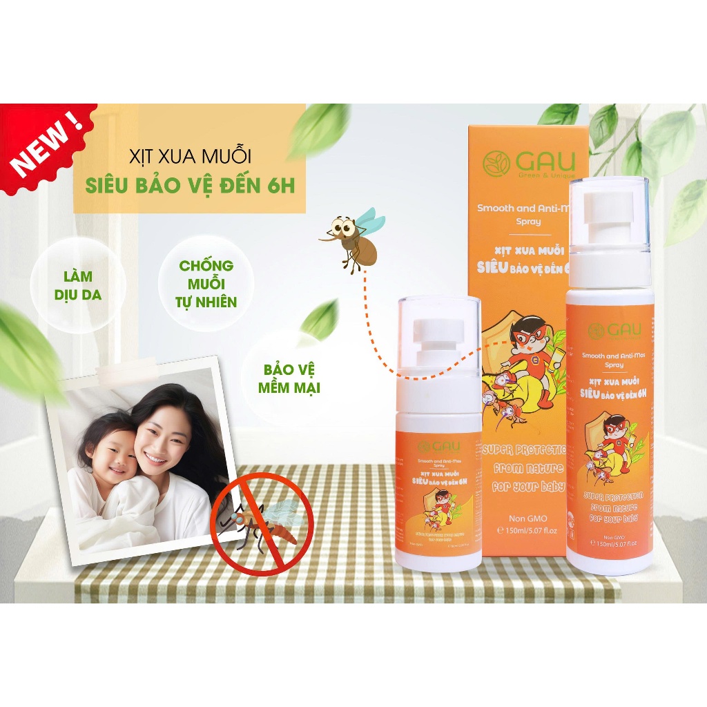 Xịt Xua Muỗi Thiên Nhiên GAU Cho Bé từ Sơ sinh Ngăn Muỗi 6 Giờ Smooth & Anti-Mos Chính hãng An lành
