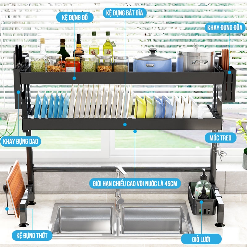 Kaleis Kệ Đựng Chén Đĩa Đa Năng 65cm, 1/2 Tầng, Cao Cấp, Điều Chỉnh Được Trên Bồn Rửa