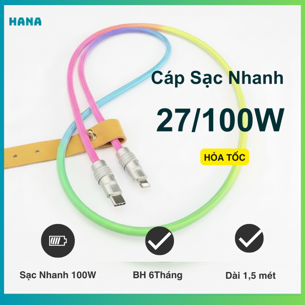 Dây cáp sạc nhanh Type C 100W - Dây nhựa lưới mềm 7 màu - Chip Emarker - Đầu kim loại chắc chắn - Bảo hành 6 tháng