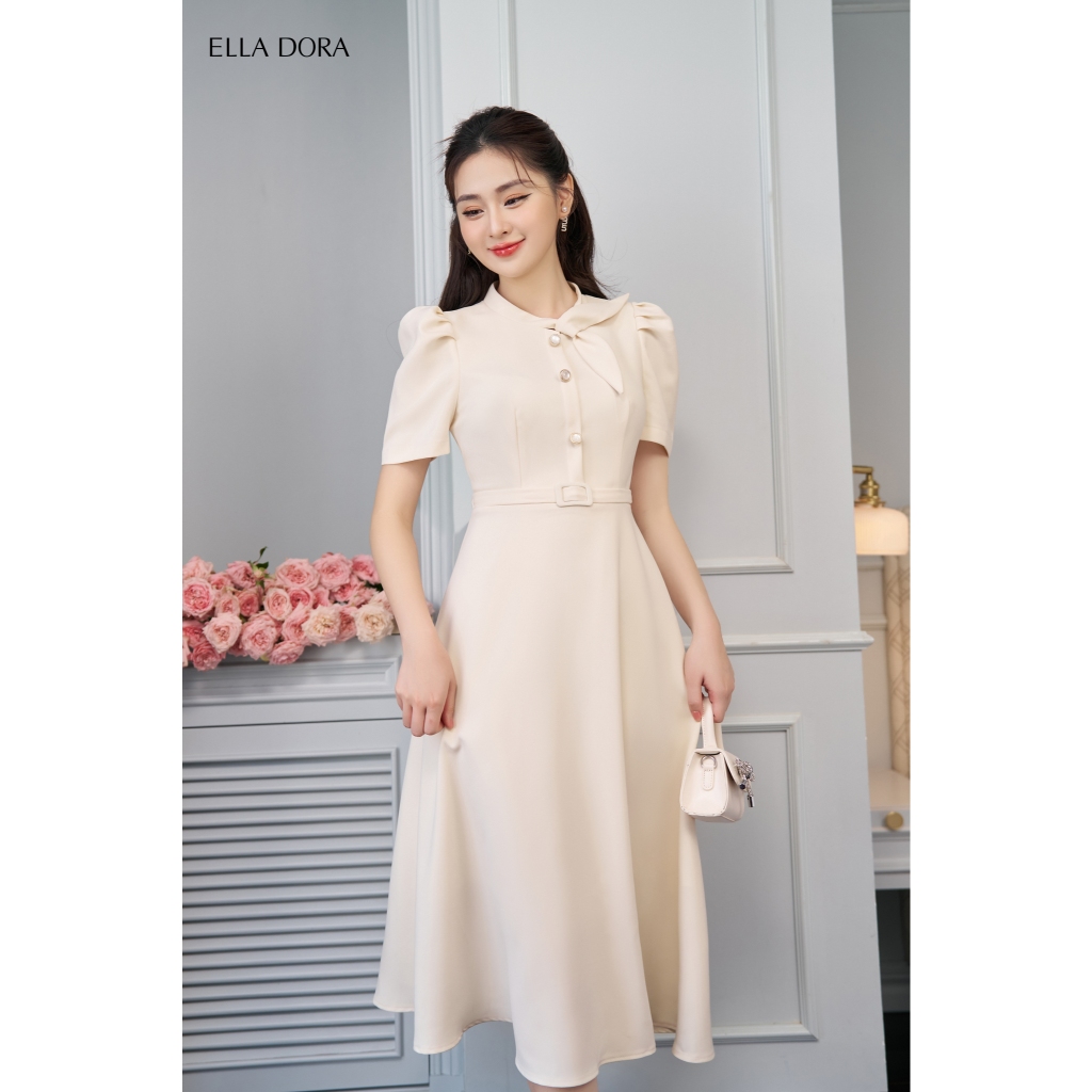 Váy liền thân thiết kế Ella Dora cổ nơ dáng xòe nhẹ thanh lịch tay bồng duyên dáng [D96]