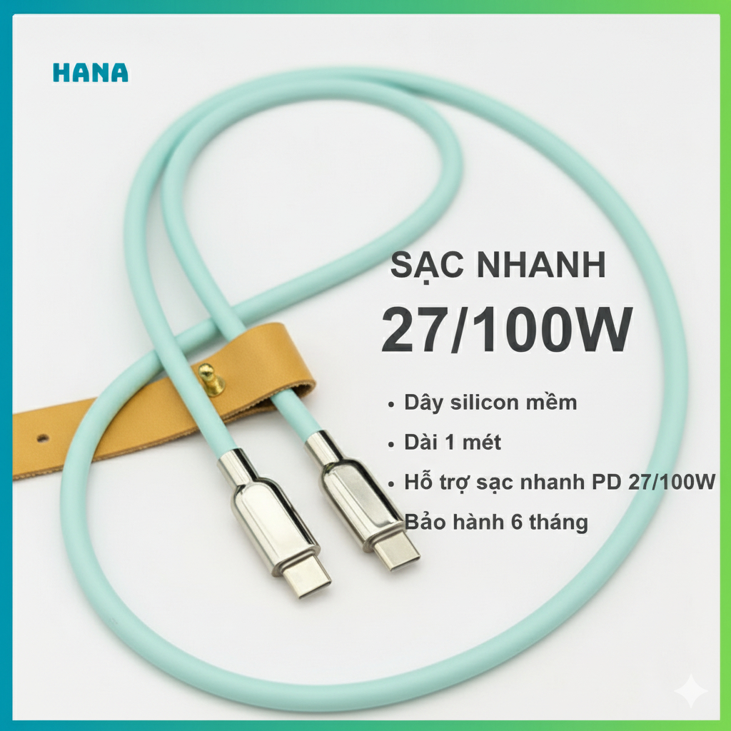 [M8] Dây Cáp Sạc Nhanh Type C 100W Silicon Mềm - Chip Emarker – Dây Silicon Mềm - Dài 1 mét