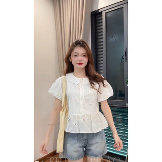 Áo sơ mi kiểu babydoll tay bí Sola chất vải boi họa tiết xinh xắn