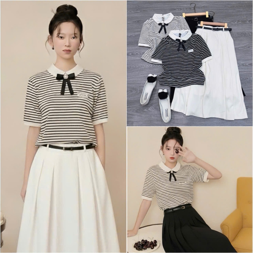Bộ [SÉT ÁO NƠ CÀI kẻ- CV CHÉO BELL] sét áo cổ sen TAG MIN kèm NƠ CÀI+ Chân váy 2 lớp chất chéo kèm thắt lưng.
