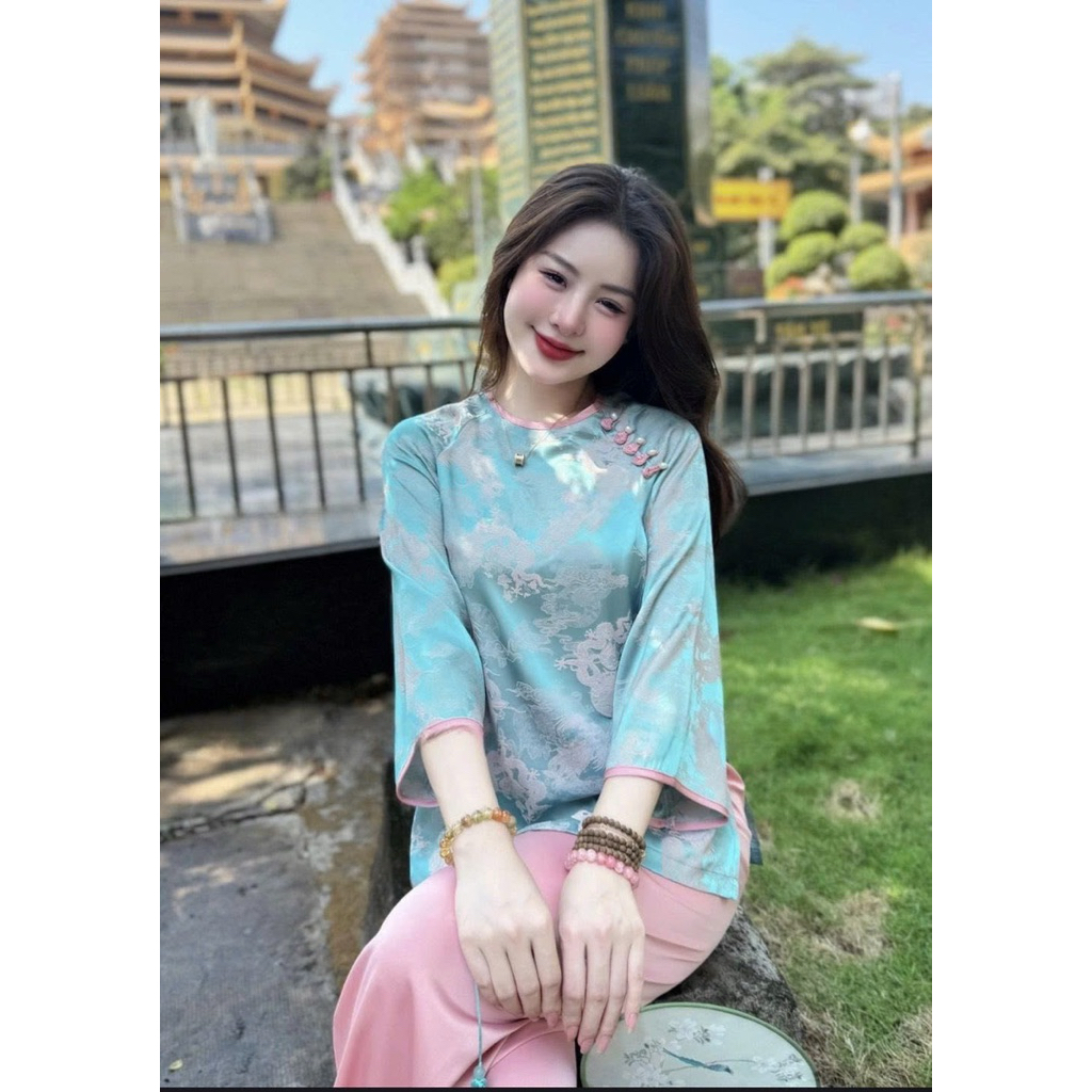 Hàng thiết kế cao cấp bộ đồ đi chùa ( áo gấm quần lụa mango )họa tuyết như hình ( hình thật ) | Đồ Lam An Nhiên