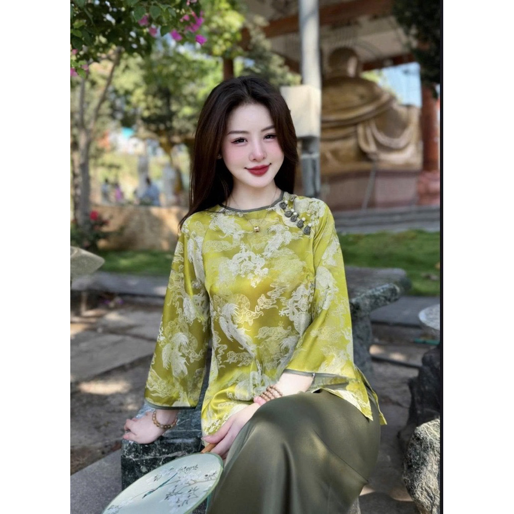 Hàng thiết kế cao cấp bộ đồ đi chùa ( áo gấm quần lụa mango )họa tuyết như hình ( hình thật ) | Đồ Lam An Nhiên