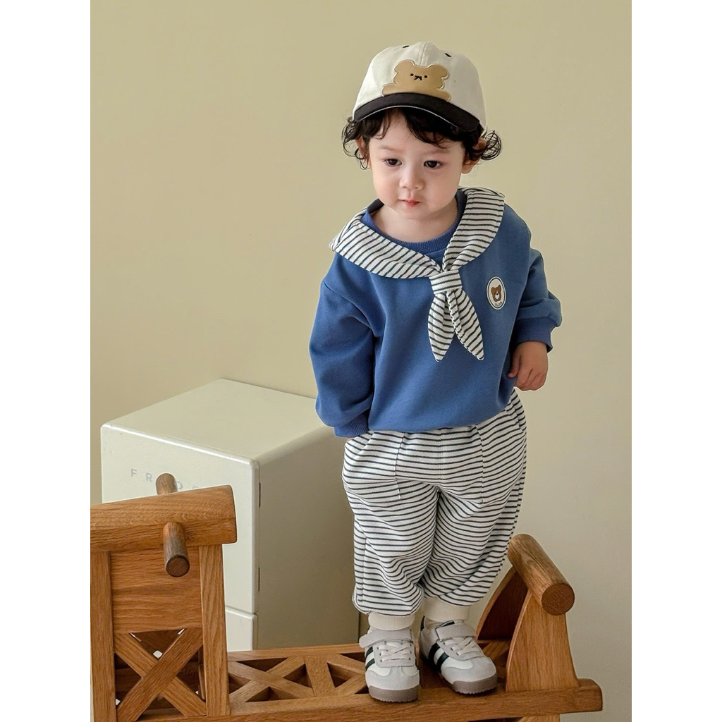 (Sẵn 73) Bộ quần áo nỉ thuỷ thủ kẻ ngang hình gấu dành cho bé trai