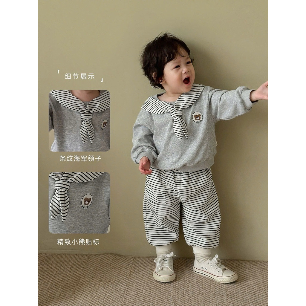 (Sẵn 73) Bộ quần áo nỉ thuỷ thủ kẻ ngang hình gấu dành cho bé trai