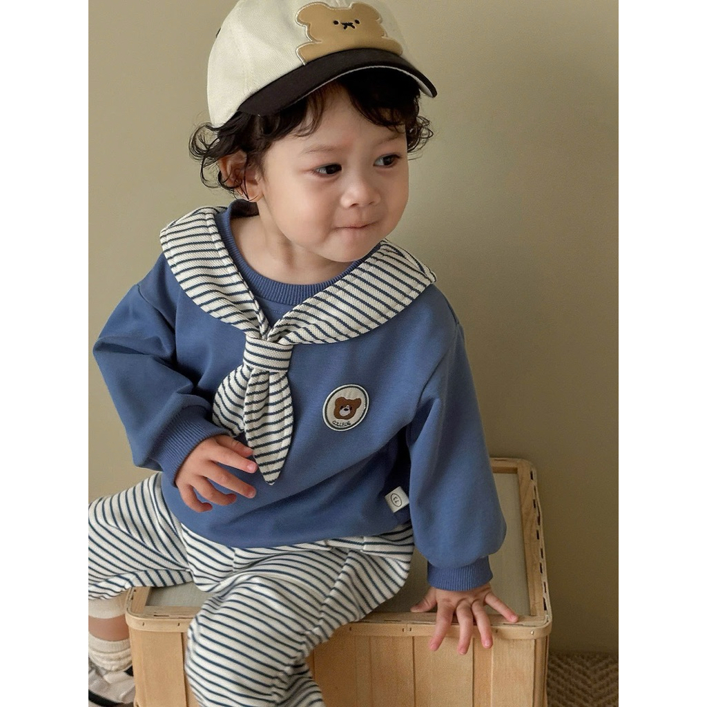 (Sẵn 73) Bộ quần áo nỉ thuỷ thủ kẻ ngang hình gấu dành cho bé trai