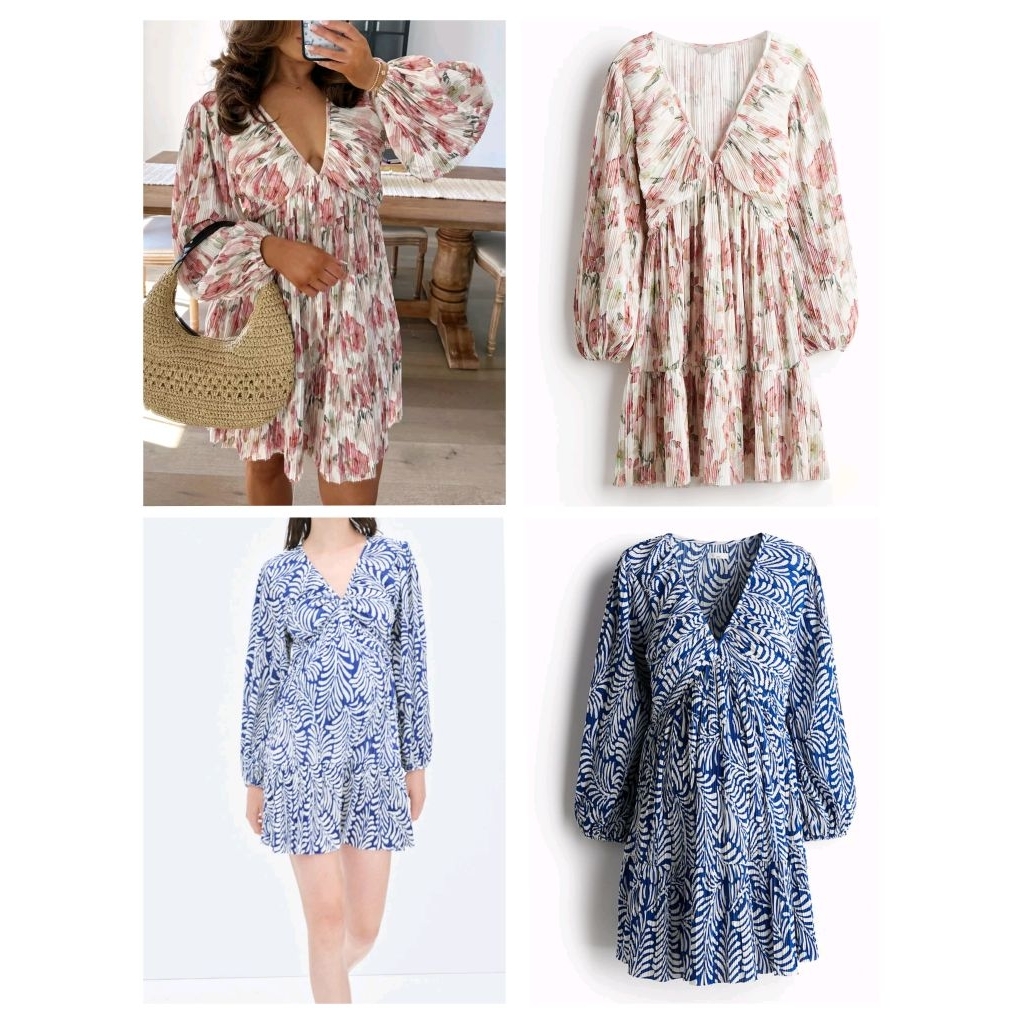(BomoHouse) Đầm thun nhún hoa, hoạ tiết cổ V tay dài HM* bigsize - dư xịn