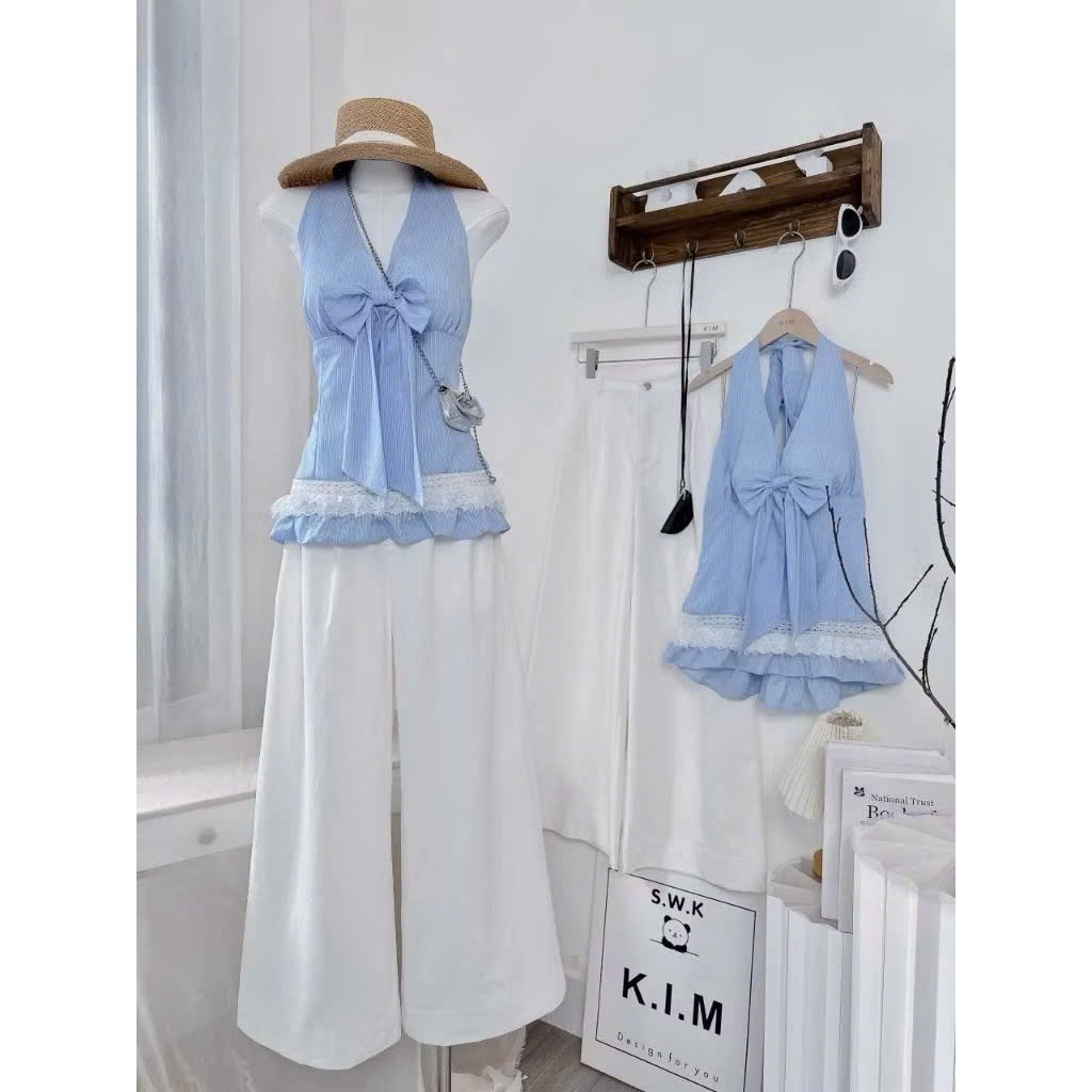 set sáo sọc cổ yếm đính nơ lưng chun  + quần ống rộng kiểu dáng thời thượng cá tính