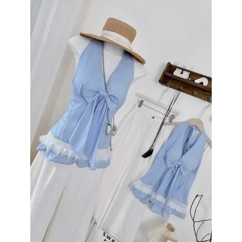 set sáo sọc cổ yếm đính nơ lưng chun  + quần ống rộng kiểu dáng thời thượng cá tính
