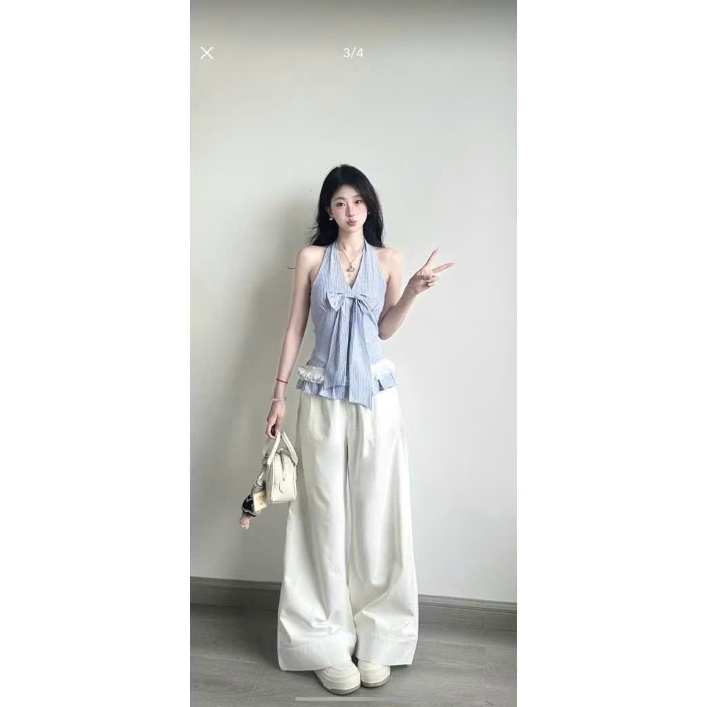 set sáo sọc cổ yếm đính nơ lưng chun  + quần ống rộng kiểu dáng thời thượng cá tính