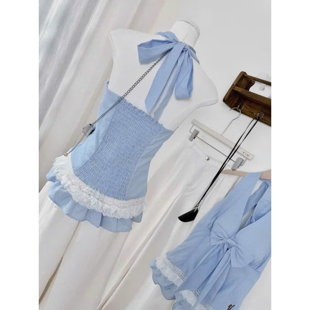 set sáo sọc cổ yếm đính nơ lưng chun  + quần ống rộng kiểu dáng thời thượng cá tính