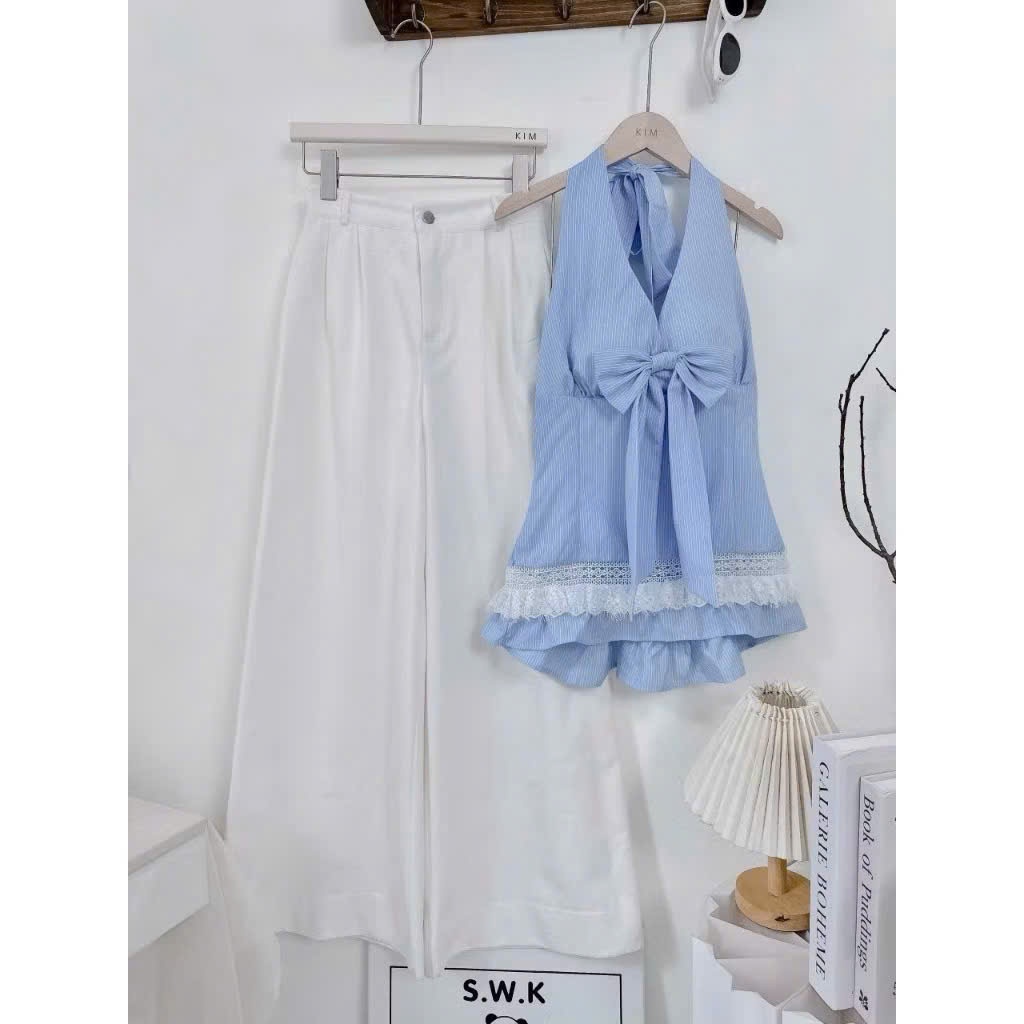 set sáo sọc cổ yếm đính nơ lưng chun  + quần ống rộng kiểu dáng thời thượng cá tính
