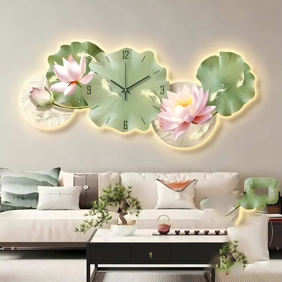 Tranh Đồng Hồ 3D LED Hoa Sen Cửu Ngư Phong Thủy Treo Phòng Khách - OHA Decor