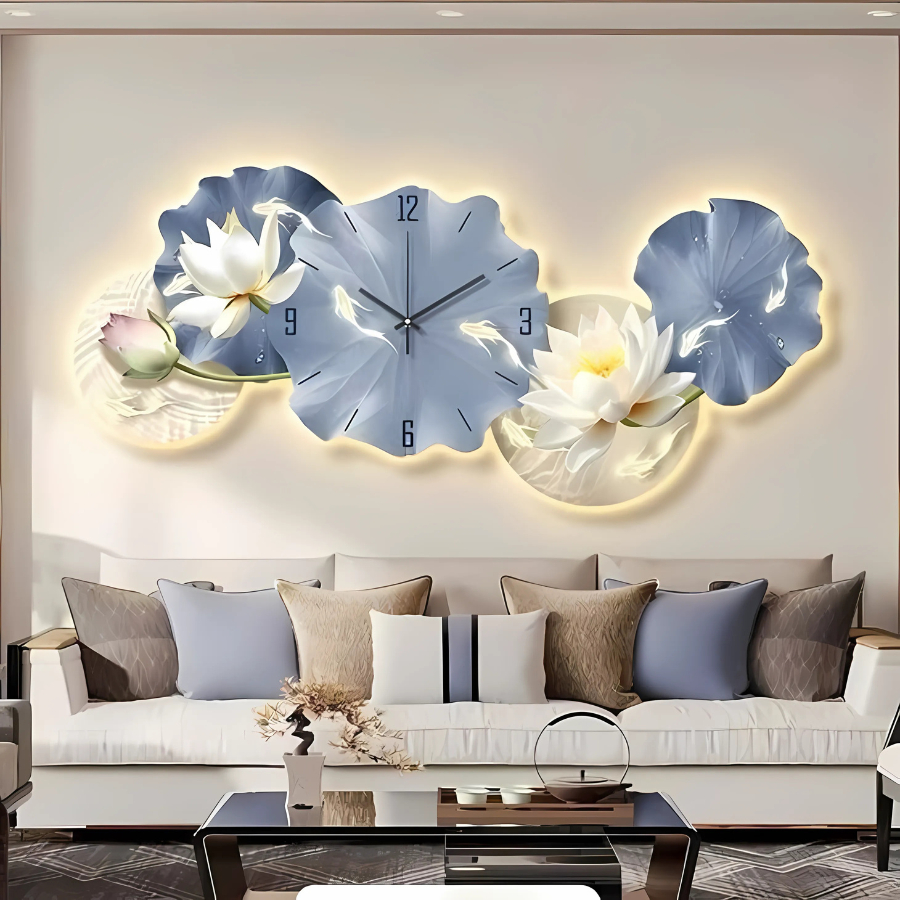 Tranh Đồng Hồ 3D LED Hoa Sen Cửu Ngư Phong Thủy Treo Phòng Khách - OHA Decor