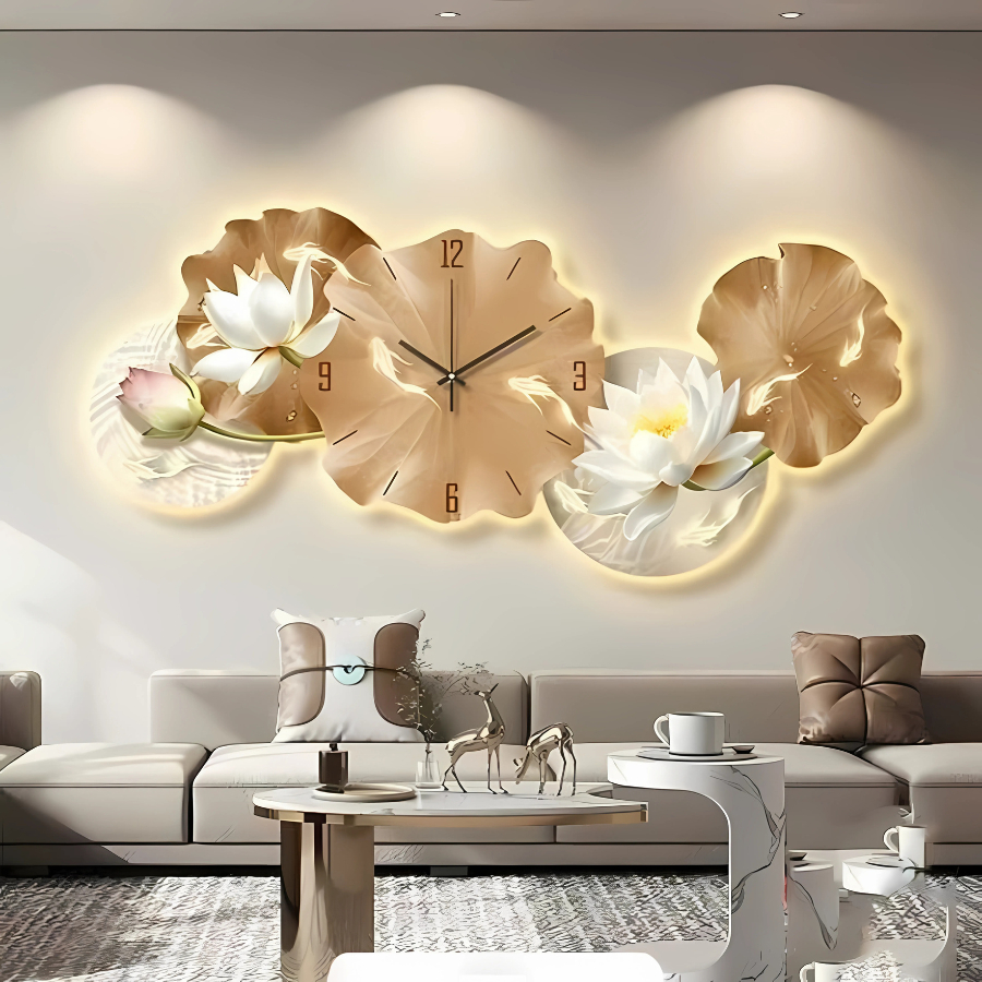 Tranh Đồng Hồ 3D LED Hoa Sen Cửu Ngư Phong Thủy Treo Phòng Khách - OHA Decor