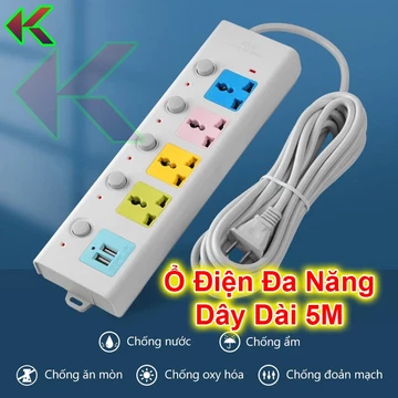 Ổ Cắm Điện Đa Năng Cao Cấp Chống Giật - Có 4 ổ cắm kèm 2 Cổng Cắm USB, Công Suất 2500W, Dây Dài 5M
