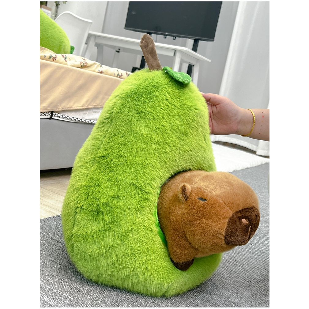 Gấu bông capybara trong trái quả bơ mới lạ dễ thương, Thú nhồi bông hình quả bơ capybara chất liệu lông thỏ dài mềm mại