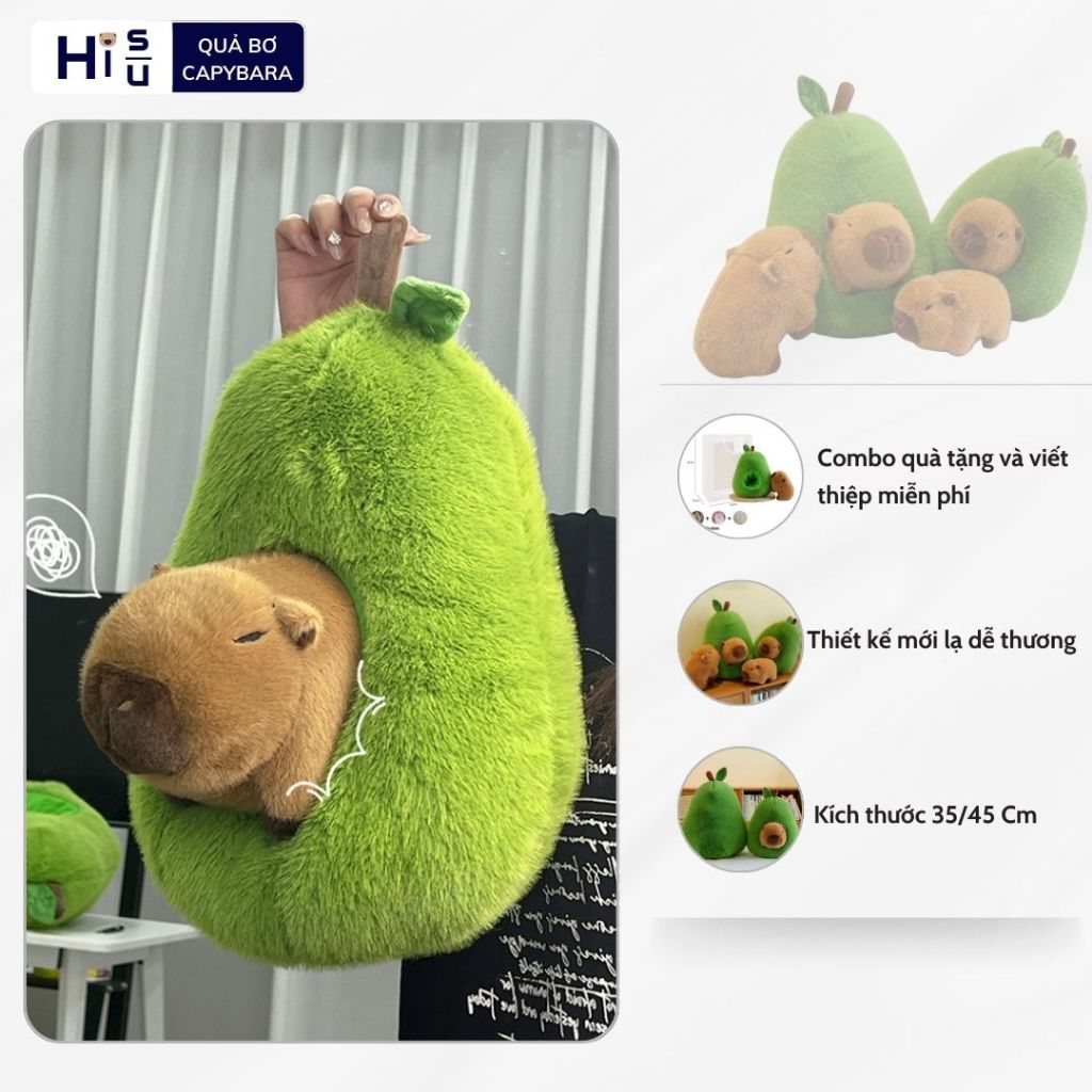 Gấu bông capybara trong trái quả bơ mới lạ dễ thương, Thú nhồi bông hình quả bơ capybara chất liệu lông thỏ dài mềm mại
