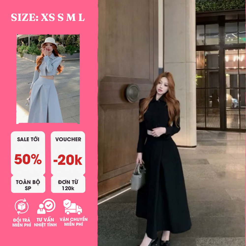 Sét Áo Croptop Tay Ngắn - Chân Váy Dài Xếp Ly , Bộ Đồ Nữ Thanh Lịch, Trẻ Trung, Phong Cách Công Sở, Dự Tiệc, Dạo Phố