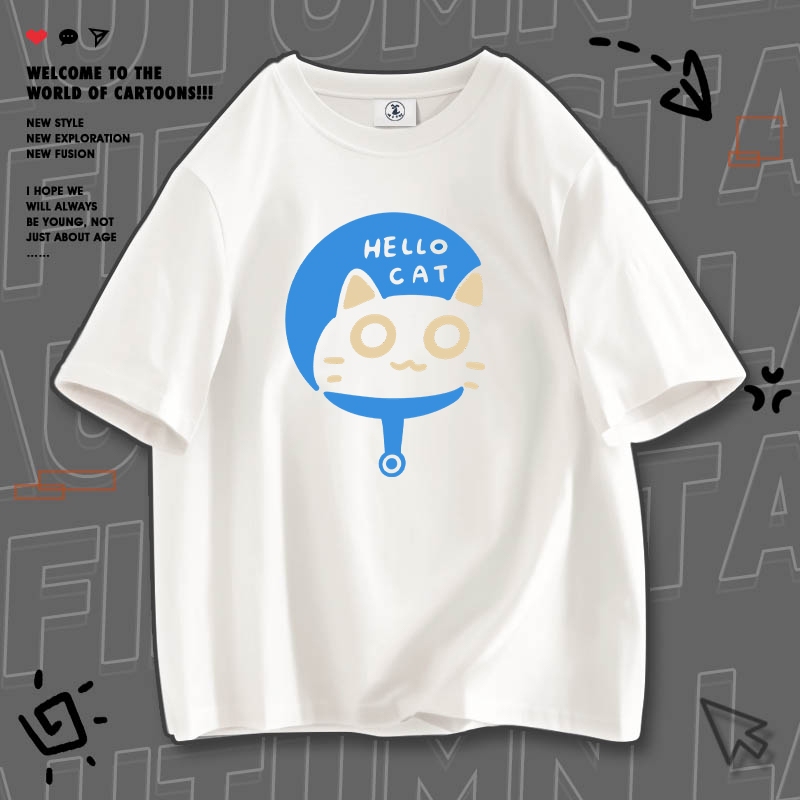 Áo Thun Nữ Tay Lỡ HappyFamily In Hình Hello CAT Cotton 100 Cao Cấp