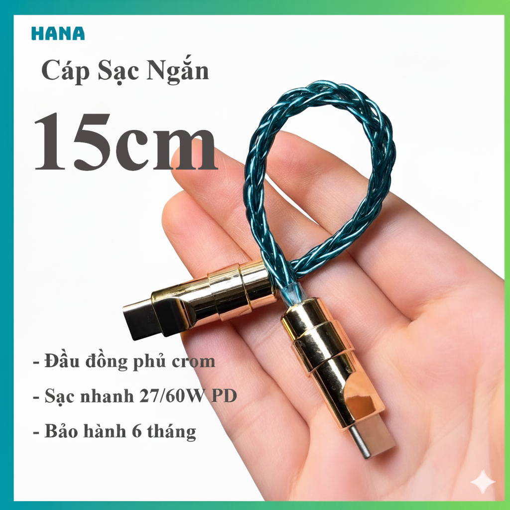 Dây Cáp Sạc Nhanh 60W Type C - Ngắn 15cm- Truyền dữ liệu 480Mbps -  Đầu Đồng Phủ Crom - Bảo Hành 6 Tháng