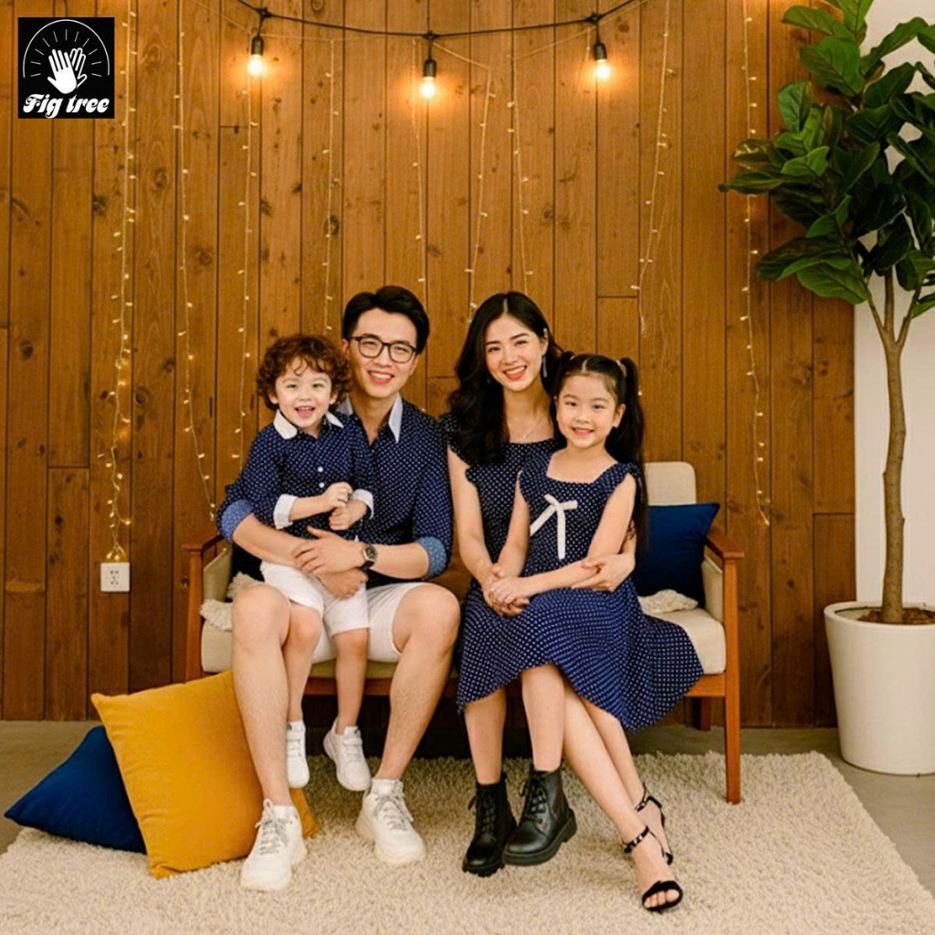 Set Đồ Gia Đình Fig Tree Chấm Bi Xanh, Chất Cotton Mềm Mịn, Gia Đình Đi Tiệc, Đi Chơi,  Mã 162