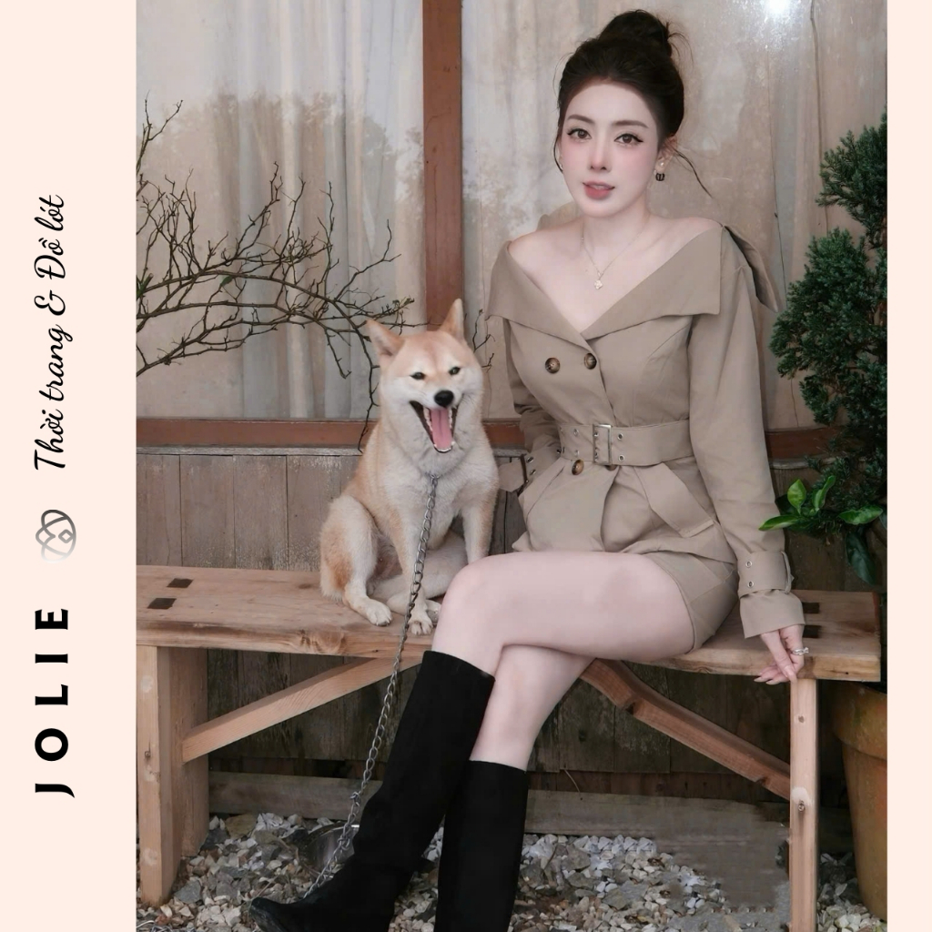 Set Kaki Blazer Cropped Trễ Vai Kèm Đai Thắt Eo Phối Quần Short Cạp Cao